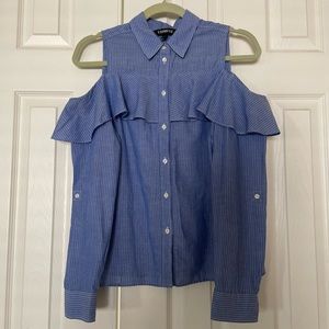 Express Blue Pinstripe Cold Shoulder
Ruffle Button Down Blouse- Size S
